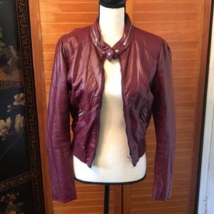 Burgundy faux-leather biker jacket